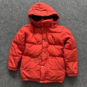 Polo Ralph Lauren Puffer Jacket Boys 8 Red Hooded Winter Coat Nylon Logo